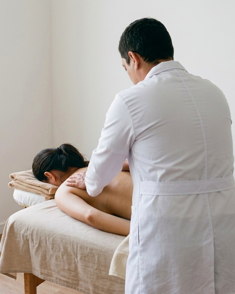 Geovane Pavan aplicando massagem nas costas de uma cliente deitada na maca